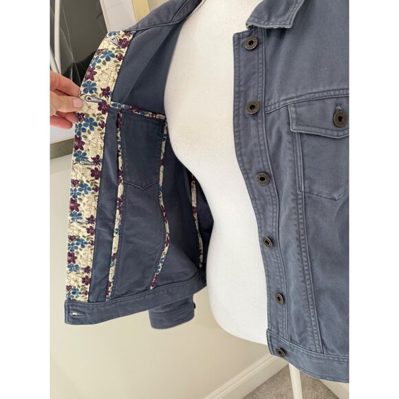 L.L.Bean Jacket Size Large Petite Denim Twill Jacket Cotton Blue Floral Trim - Picture 5 of 8